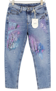 LIU JO Cute Womens Jeans W28  Blue Patterned Painted Skinny Leg Ankle Length