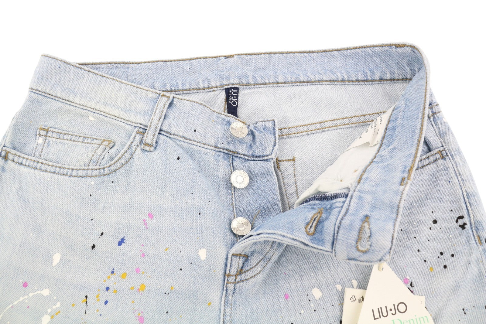 LIU JO Boy Lapel Womens Jeans W28  Blue Painted Button Fly Washed Slim