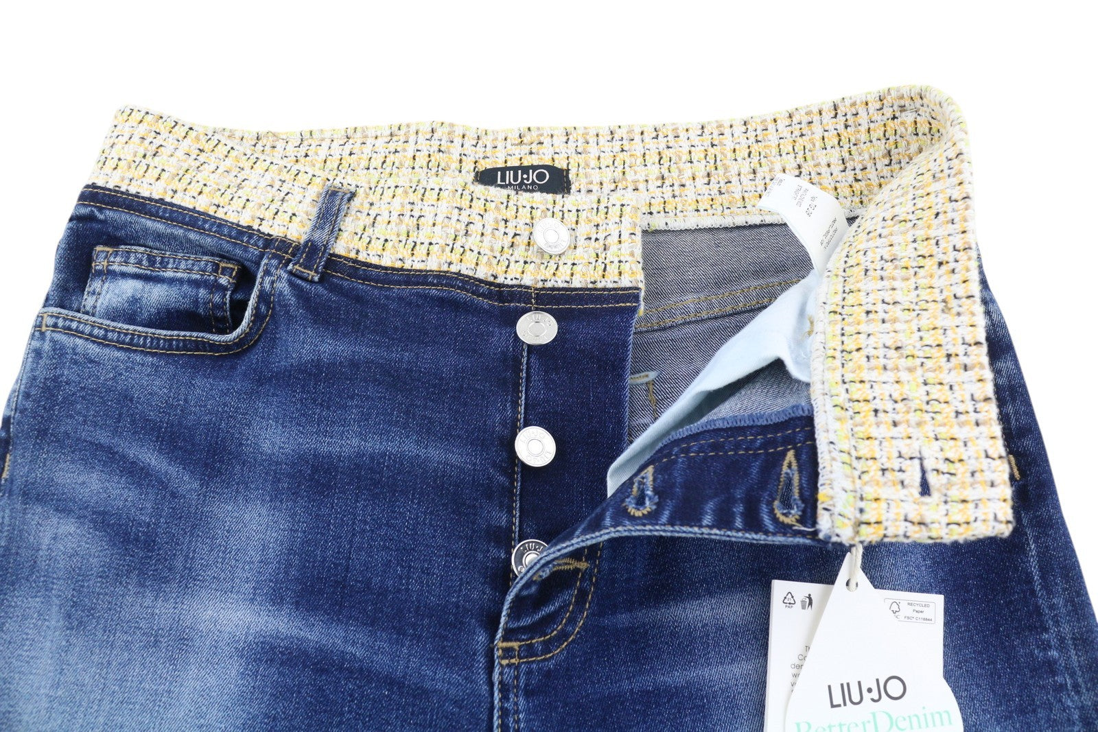LIU JO Womens Jeans W28  Blue Straight  Tweed Hems Ankle Length Button