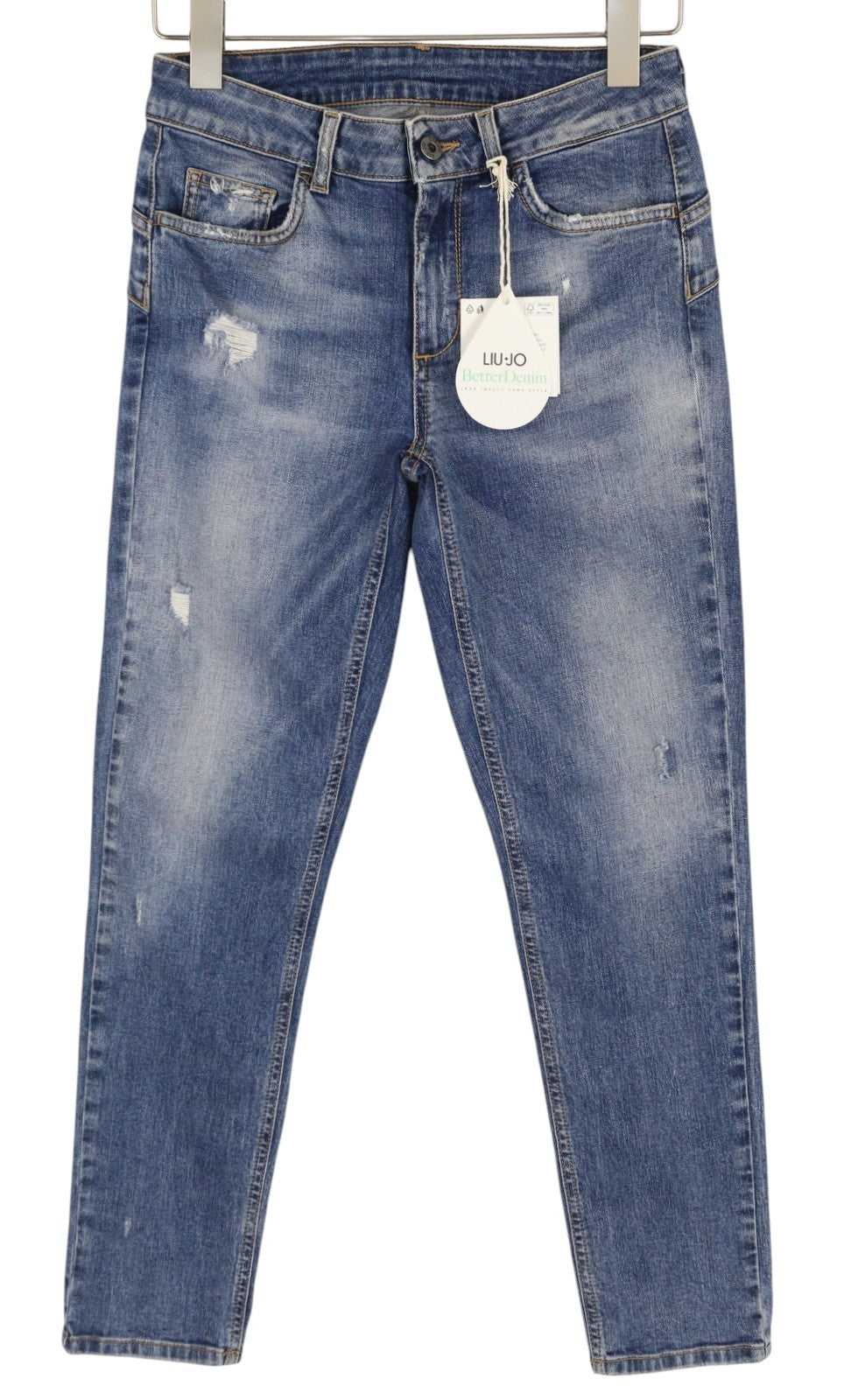 LIU JO Ideal Womens Jeans W28 Skinny Stretch Rhinestone Distress Washed Blue