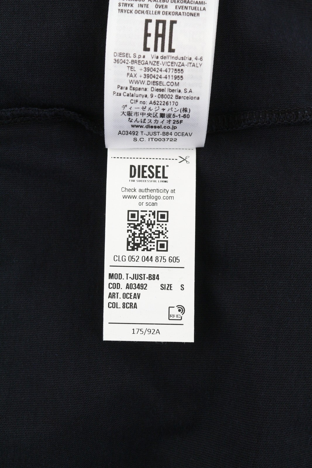 DIESEL T-Just-B84 Men T-Shirt S Black Tricot Stretch Crew Neck RRP€150