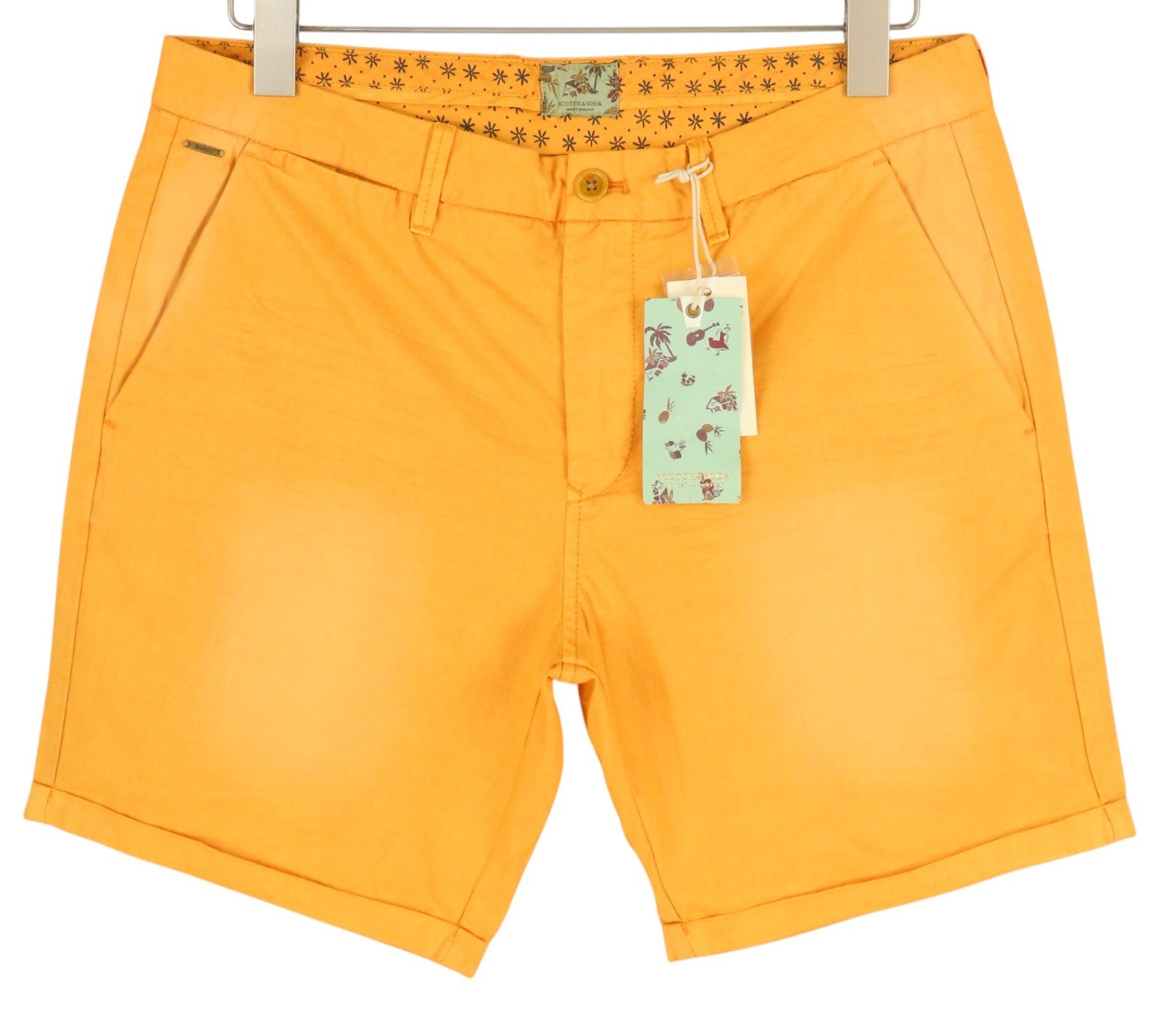 SCOTCH & SODA Men Shorts W32 Chino Washed Orange Turn-Up Zip Fly Logo Casual