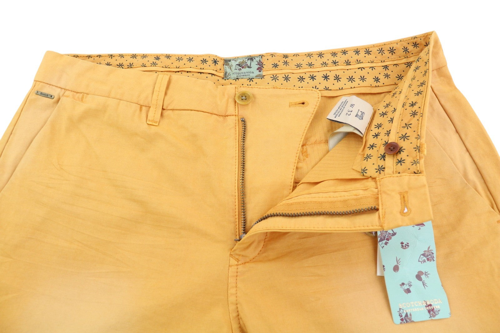 SCOTCH & SODA Men Shorts W32 Chino Washed Orange Turn-Up Zip Fly Logo Casual