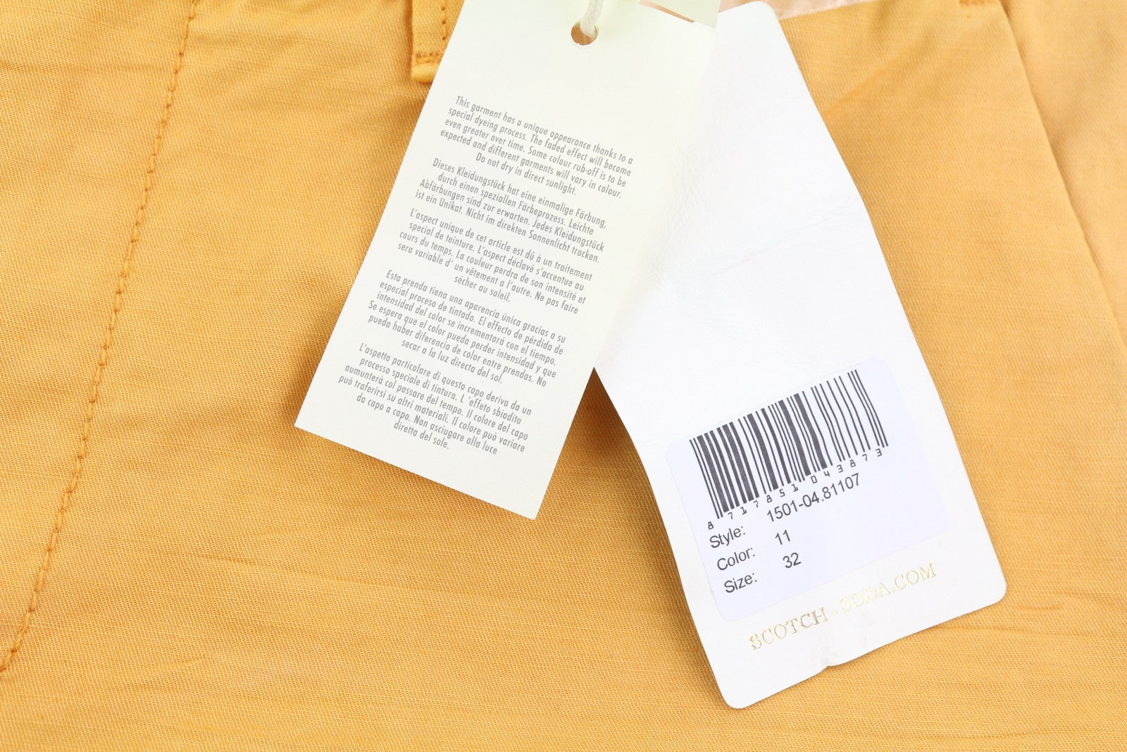 SCOTCH & SODA Men Shorts W32 Chino Washed Orange Turn-Up Zip Fly Logo Casual