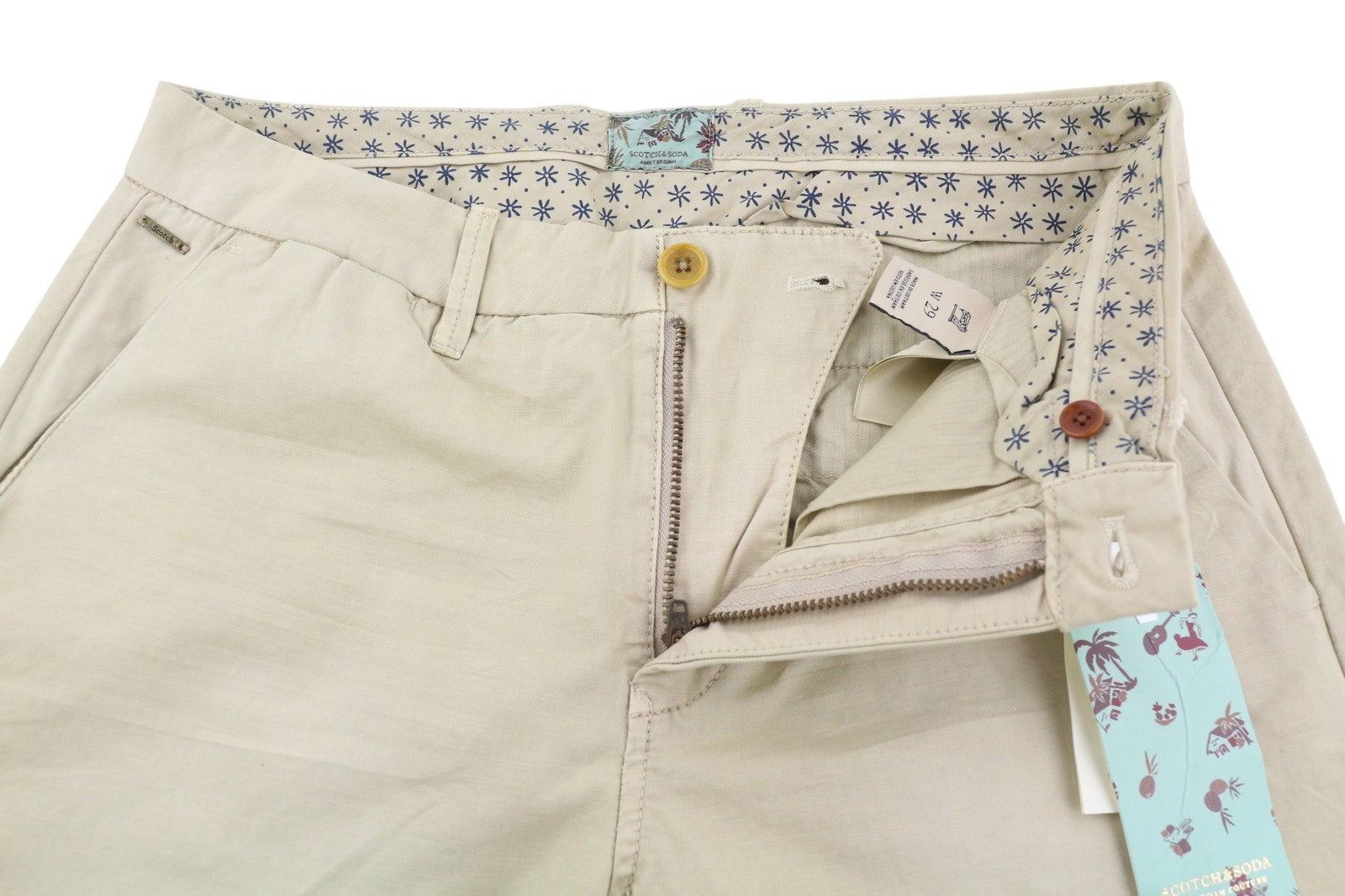 SCOTCH & SODA Men Shorts W29 Chino Washed Brown Turn-Up Zip Fly Logo Casual