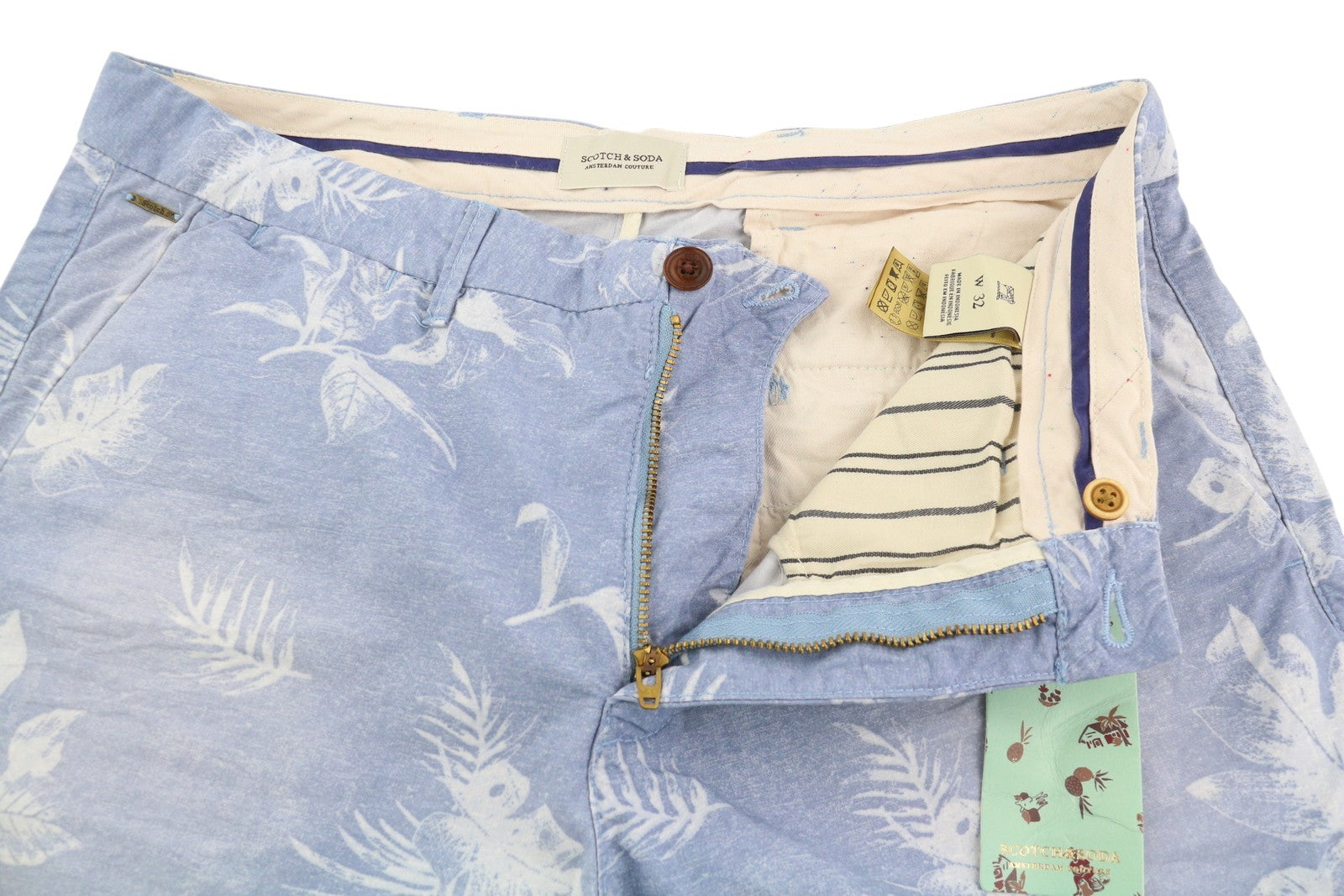 SCOTCH & SODA Men Shorts W32 Chino Washed Blue Leafs Patterned Casual Light