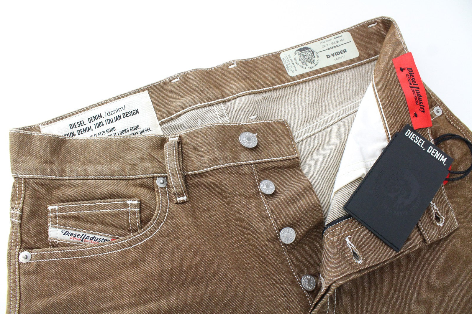 DIESEL D-Vider 069MQ Men's W29/L32 Brown Carrot Jeans Button-Fly Stretch