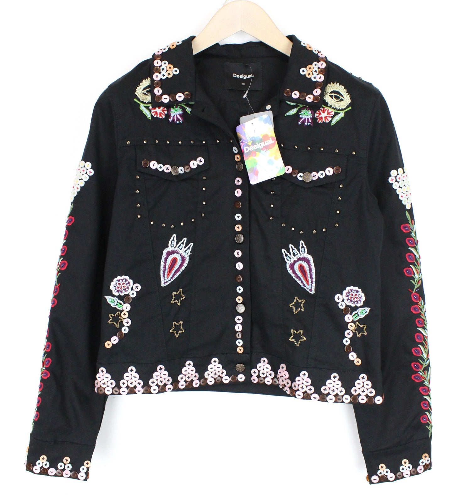 DESIGUAL Chaq Ferrara Women's 38 Jacket Short Embroidery Button Floral Detail