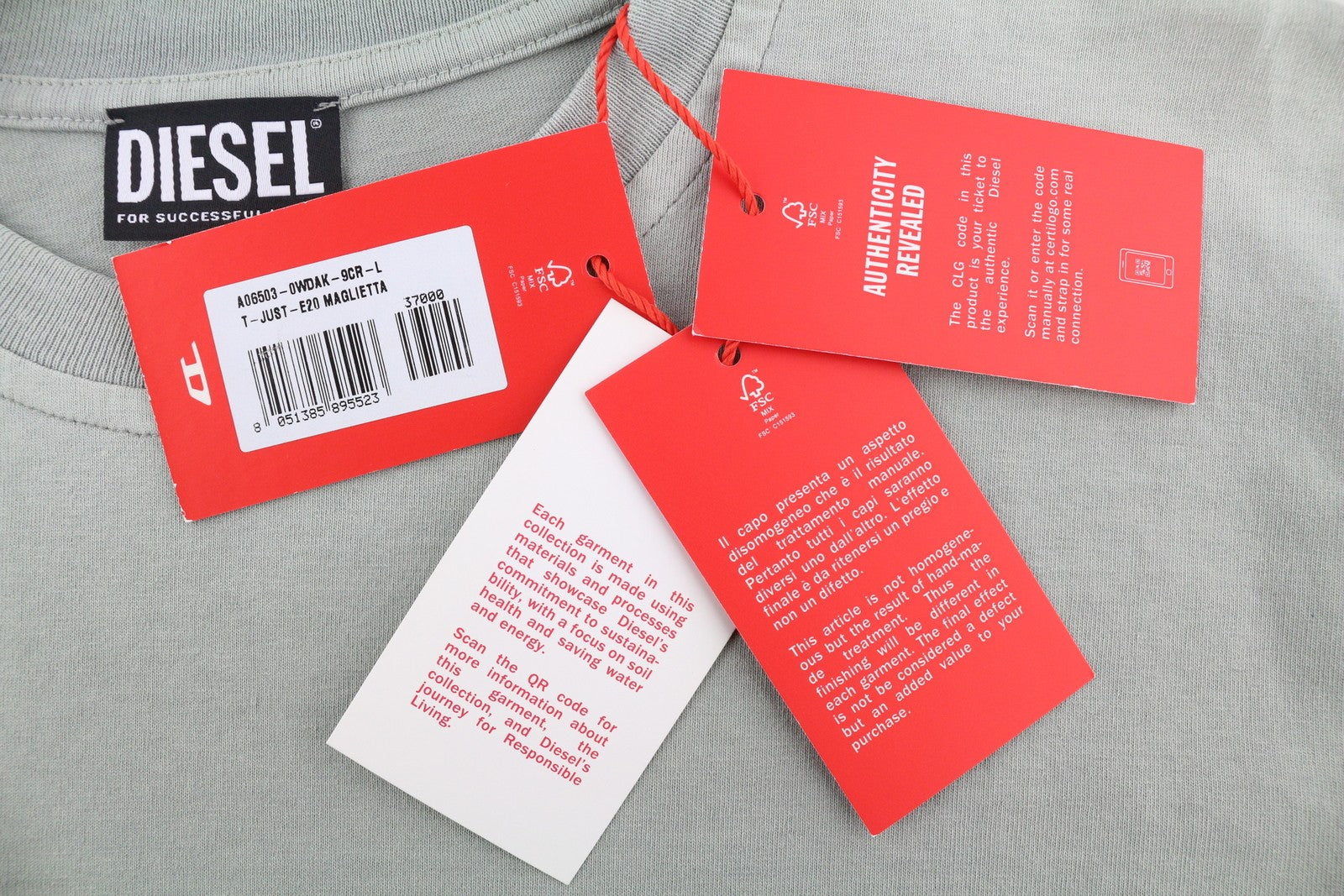 DIESEL T-Just-E20 vyriški marškinėliai pilki, išblukimo efekto apvali kaklo iškirpte, trumpomis rankovėmis, L dydžio 