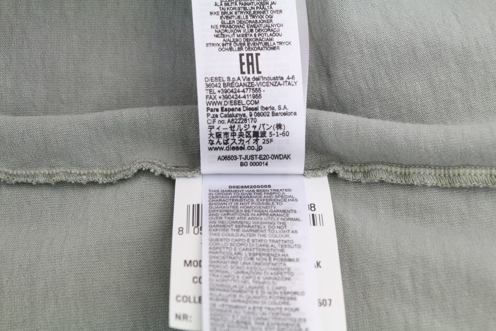 DIESEL T-Just-E20 vyriški marškinėliai pilki, išblukimo efekto apvali kaklo iškirpte, trumpomis rankovėmis, L dydžio 