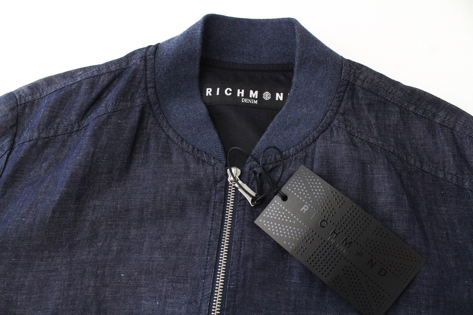 RICHMOND Denim Men's Jacket 48 Chambray Zip-Up Bomber Dark Blue Linen Blend