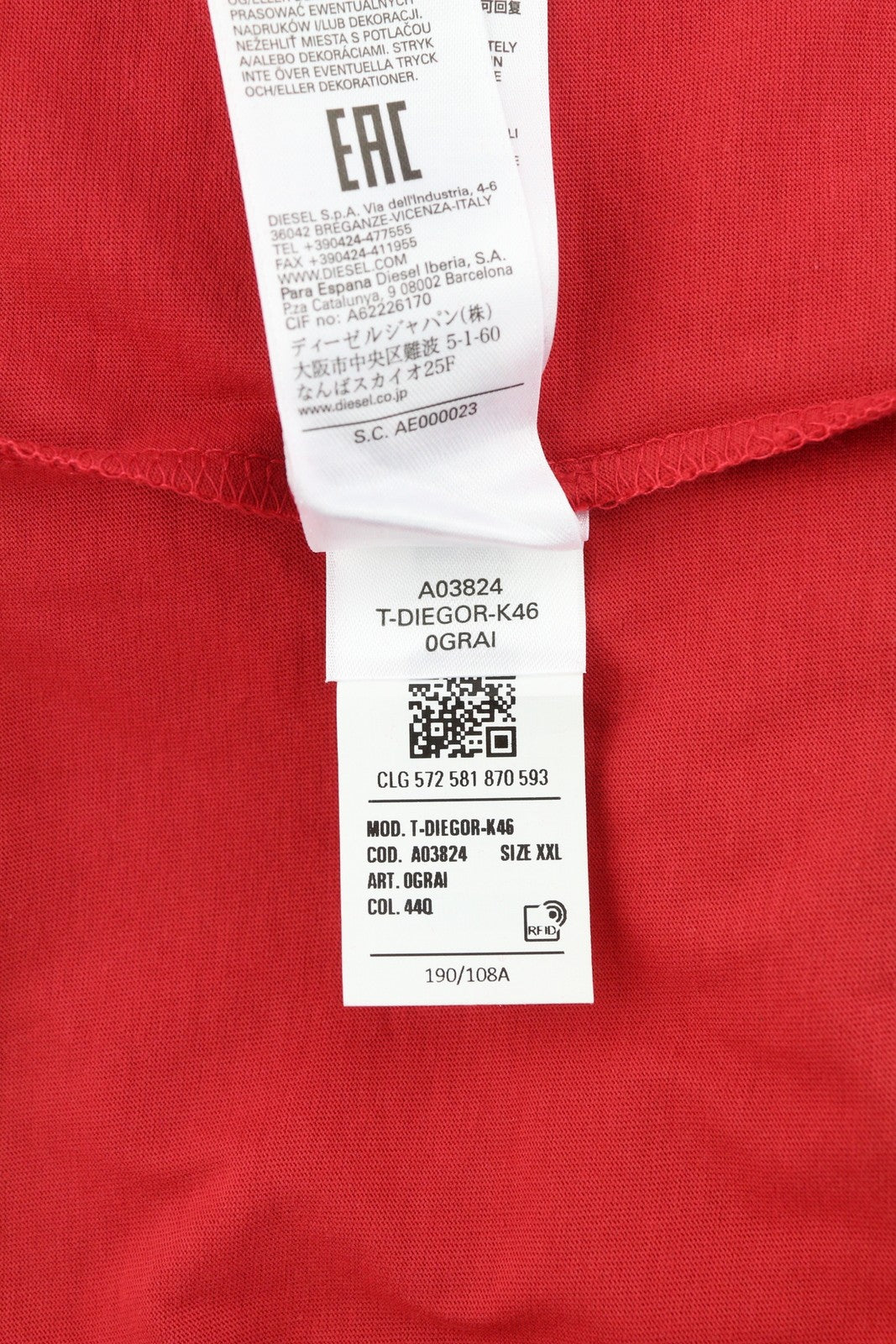 DIESEL T-Diegor-K46 Mens T-Shirt 2XL Red Short Sleeve Crew Neck  Front