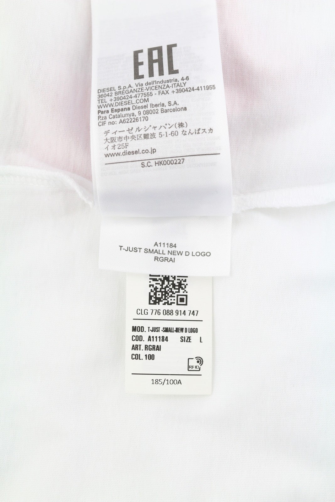 DIESEL T-Just-Small-New vyriški marškinėliai L dydžio, balti, trumpomis rankovėmis, trikotažiniai marškinėliai su užtrauktuku