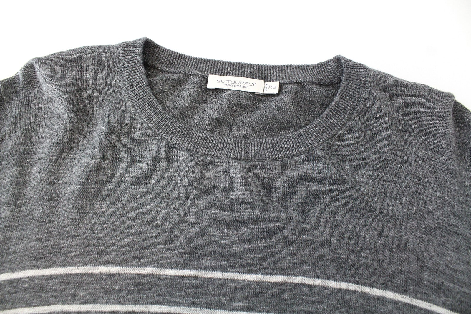 SUITSUPPLY Mens XS Grey Linen Knit Jumper   Striped Long Sleeve