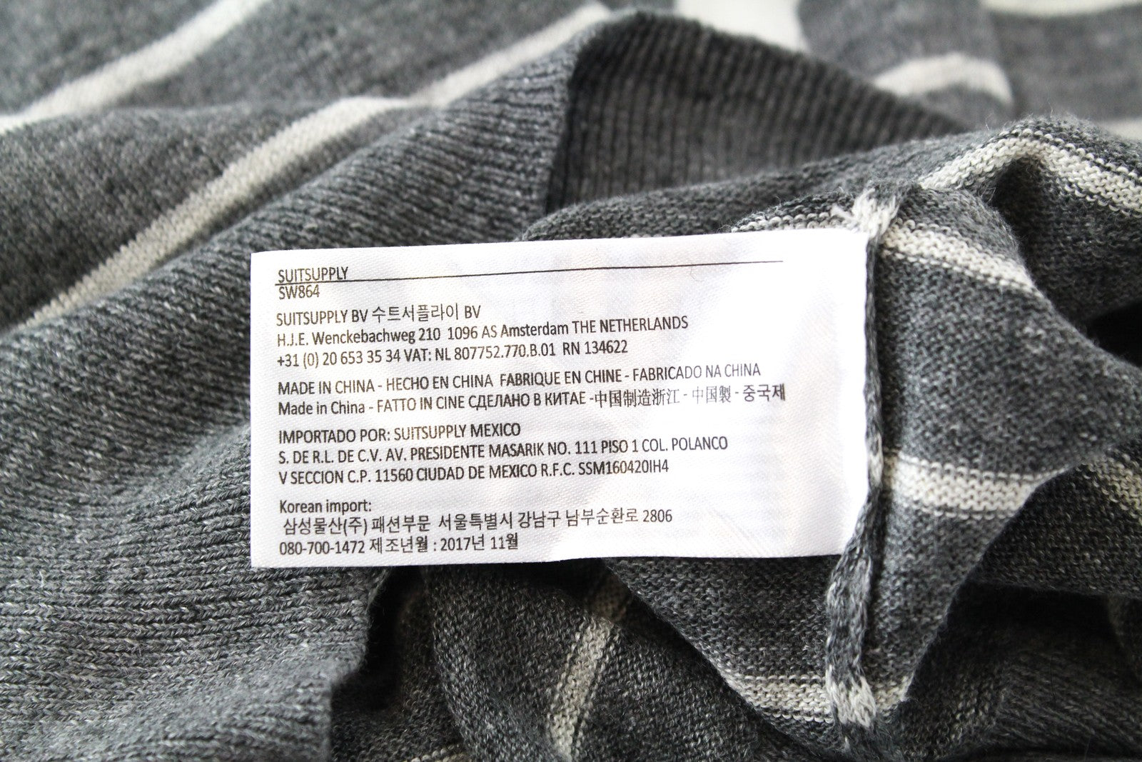 SUITSUPPLY Mens XS Grey Linen Knit Jumper   Striped Long Sleeve