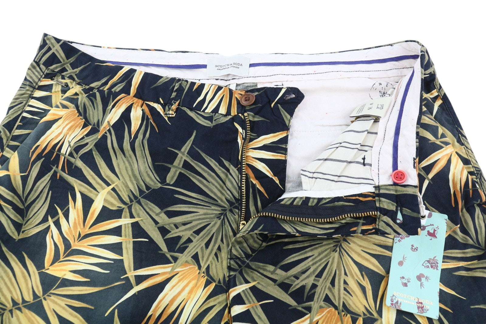 SCOTCH & SODA Men Shorts W36 Chino Dark Leafs Patterned Zip Fly Logo Casual