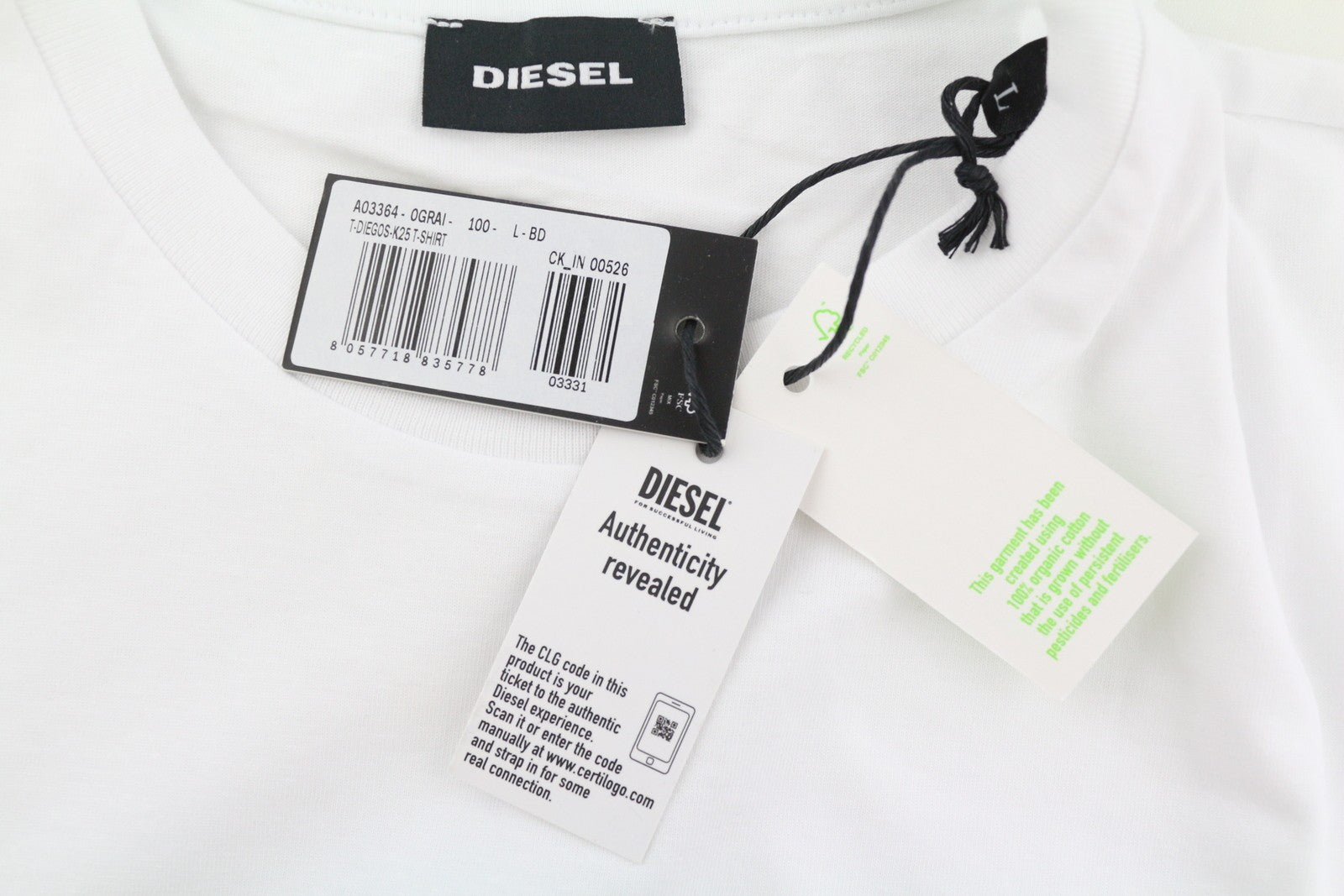 DIESEL T-Diegos-K25 Men T-Shirt L White Short Sleeve Crew Collar Tricot
