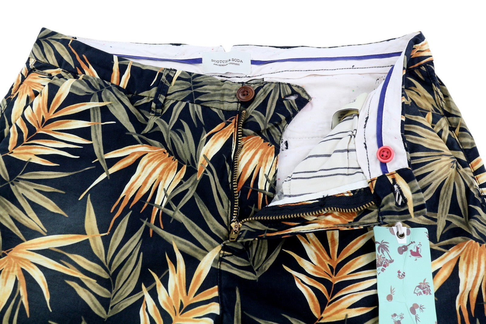 SCOTCH & SODA Men Shorts W31 Chino Dark Leafs Patterned Zip Fly Logo Casual