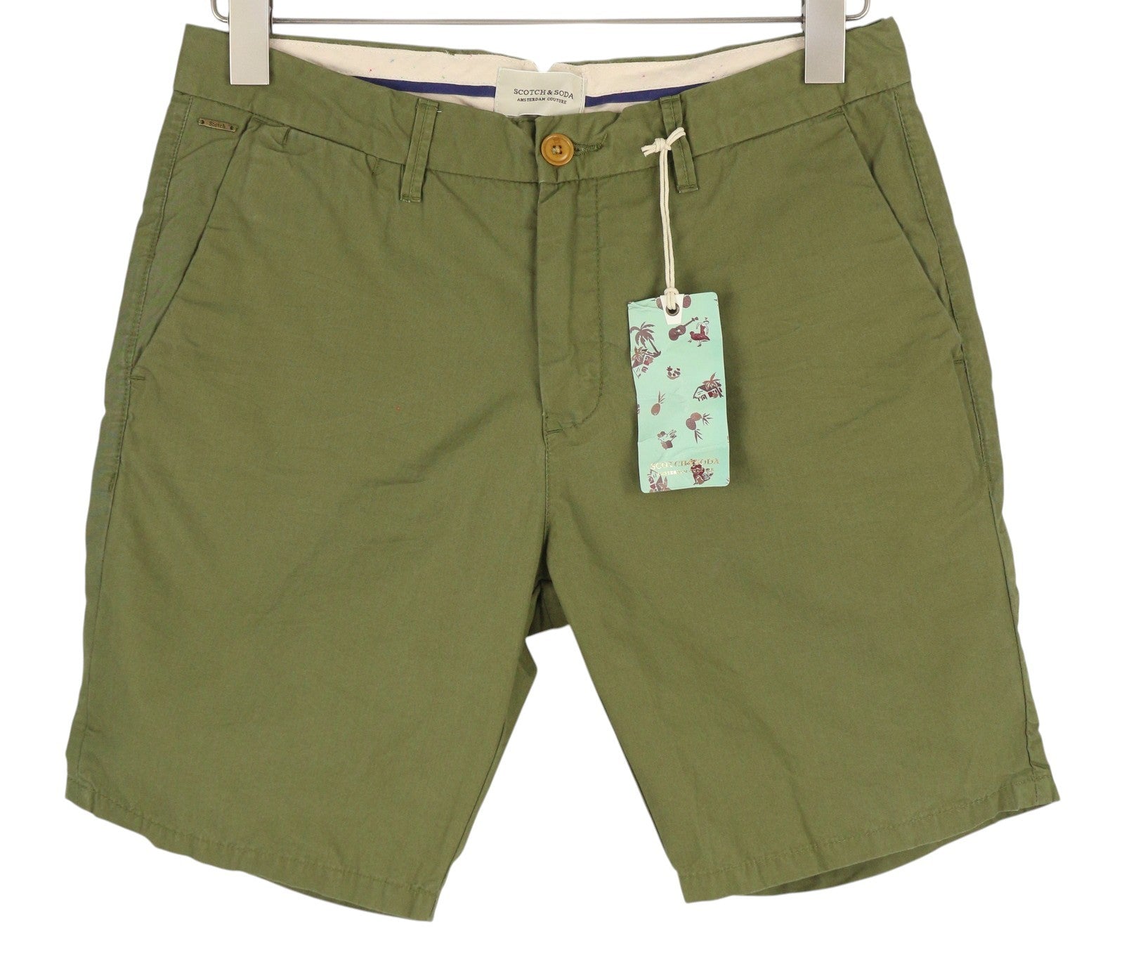SCOTCH & SODA Men Shorts W28 Chino Green Zipper 5-Design Pockets Logo Casual