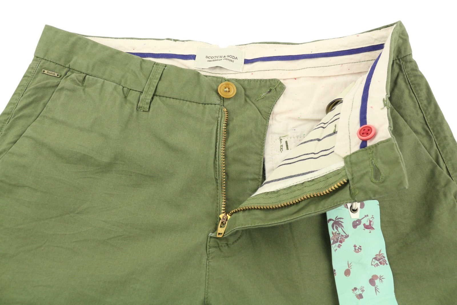 SCOTCH & SODA Men Shorts W28 Chino Green Zipper 5-Design Pockets Logo Casual