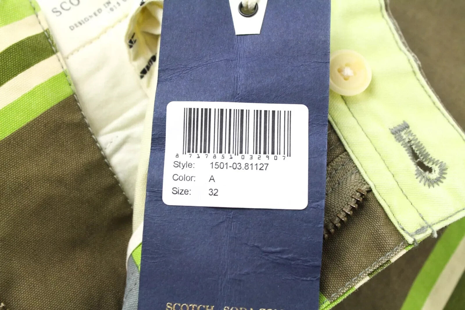 SCOTCH & SODA W32 Striped Green Chino Shorts  Pattern Mens
