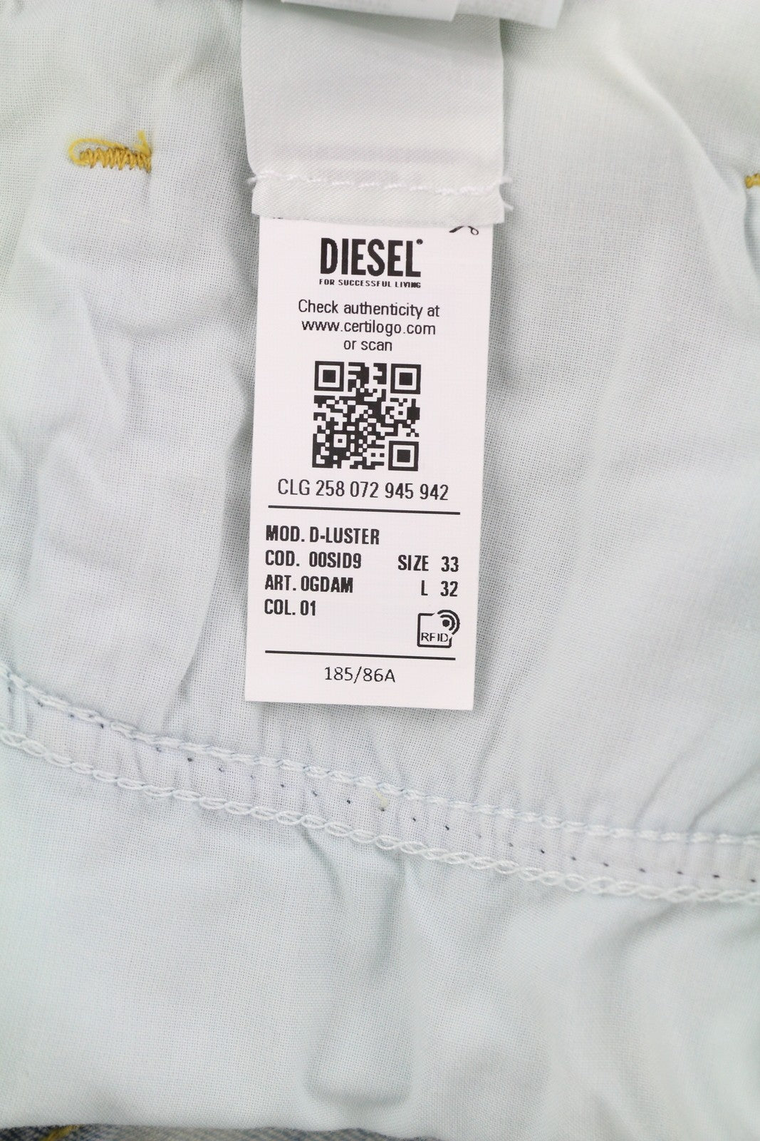 DIESEL D-Luster 0GDAM vyriški džinsai W33/L32 Slim Stretch, su sagomis, skalbtos mėlynos spalvos 