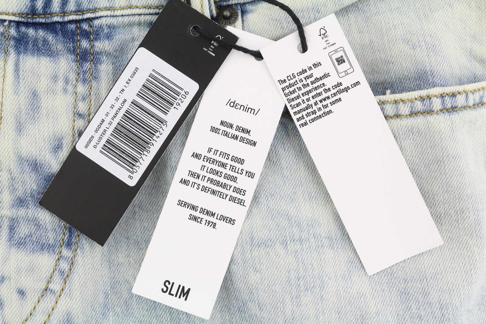 DIESEL D-Luster 0GDAM vyriški džinsai W33/L32 Slim Stretch, su sagomis, skalbtos mėlynos spalvos 