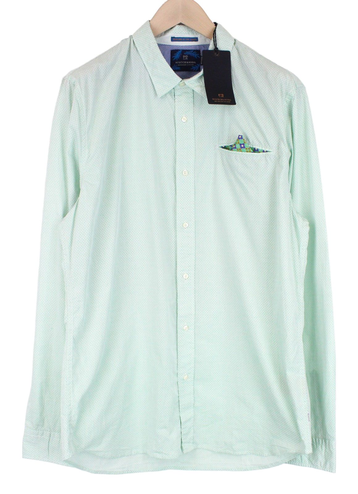 SCOTCH & SODA Men's 2XL Shirt Green Twill Polka Dot Button-Up Pocket Square