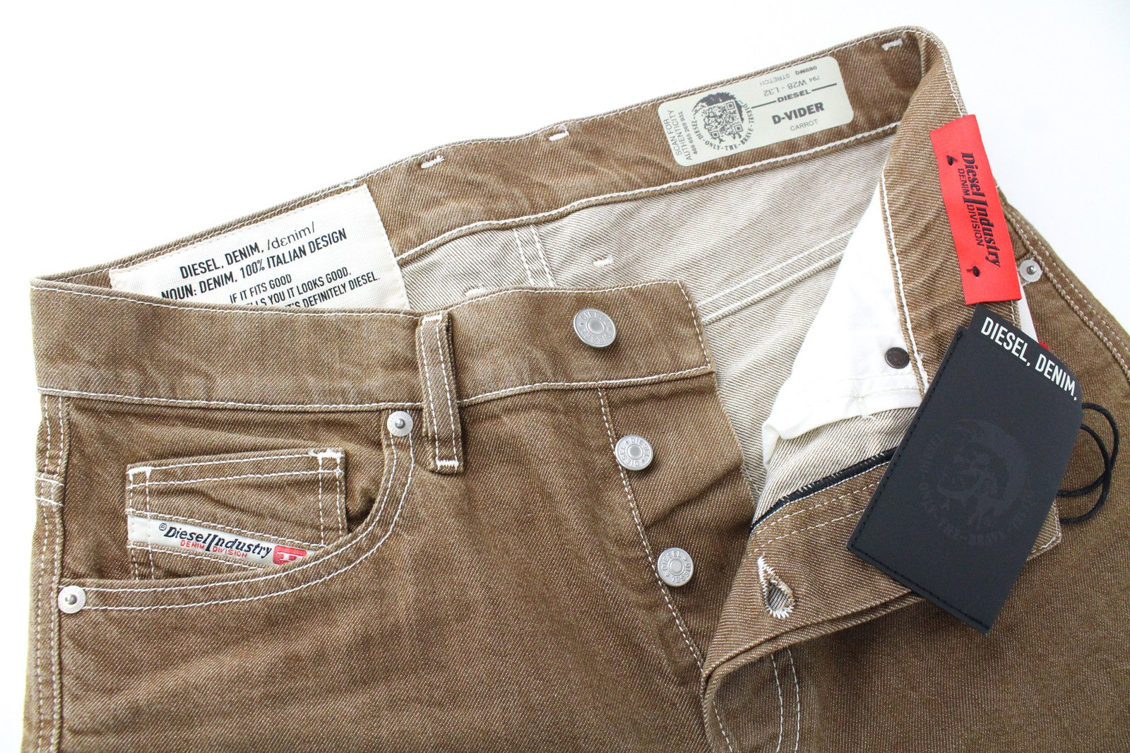 DIESEL D-Vider 069MQ Men's W28/L32 Stretch Brown Carrot Button-Fly Jeans