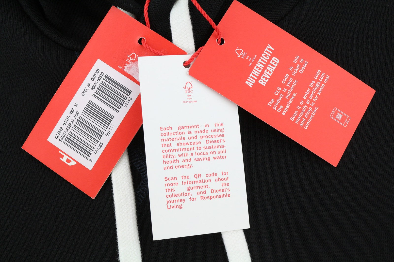 DIESEL S-Muster Mens Hoodie M Black Kangaroo Front  Hooded Straps RRP€150