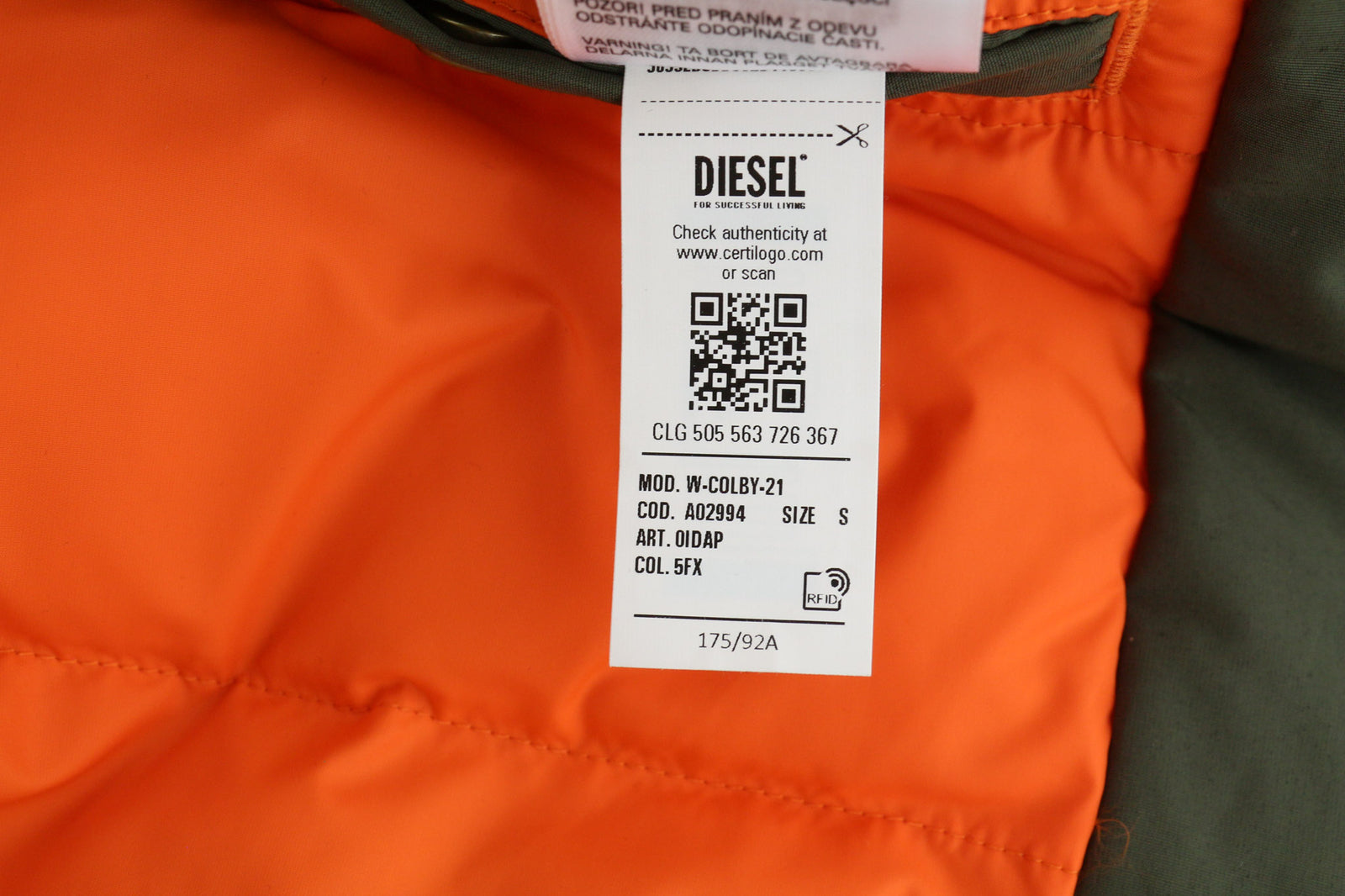 DIESEL W-Colby Mens Jacket S Green Parka Insulated Hooded Pockets RRP€395