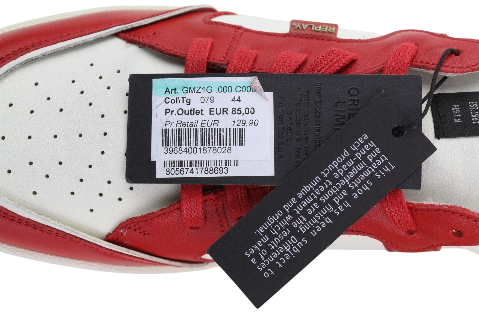 REPLAY Men Sneakers EU44 White Leather Low Top Laced Almond Toe Trainers Red