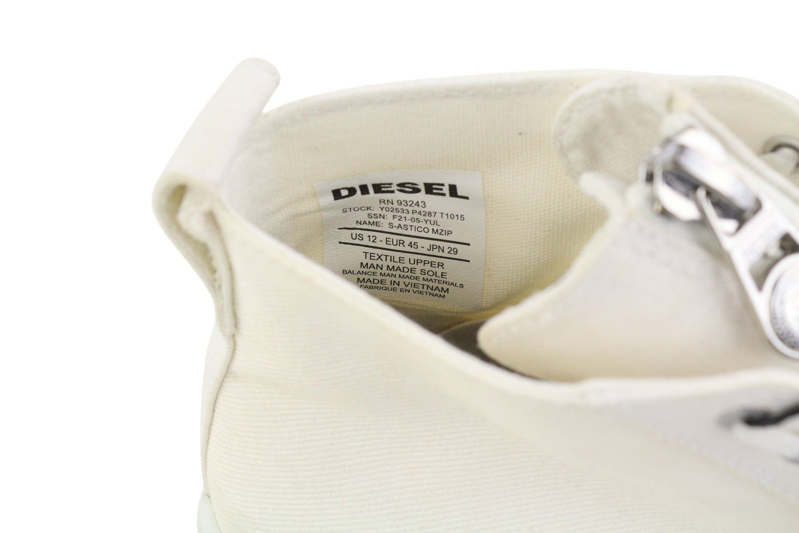 DIESEL S-Astico Mzip Men Sneakers EU45 White Zipper Mid Top Almond Toe RRP€180