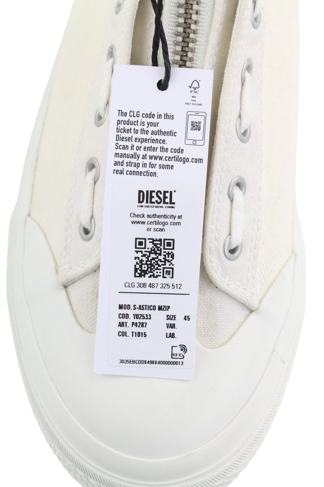DIESEL S-Astico Mzip Men Sneakers EU45 White Zipper Mid Top Almond Toe RRP€180
