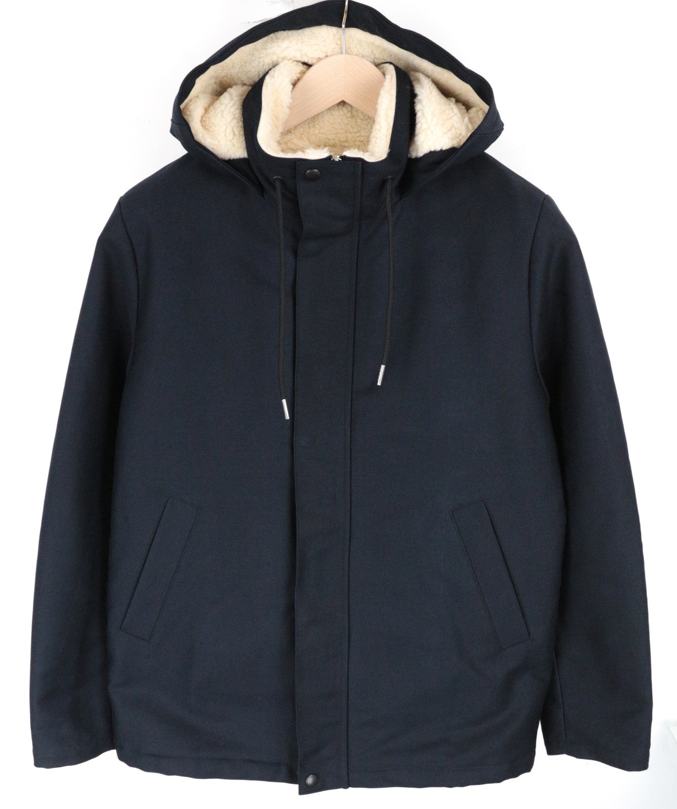 SANDRO S Men Jacket Marine Blue Classic Hooded Faux Fur Deck Parka Pure Cotton