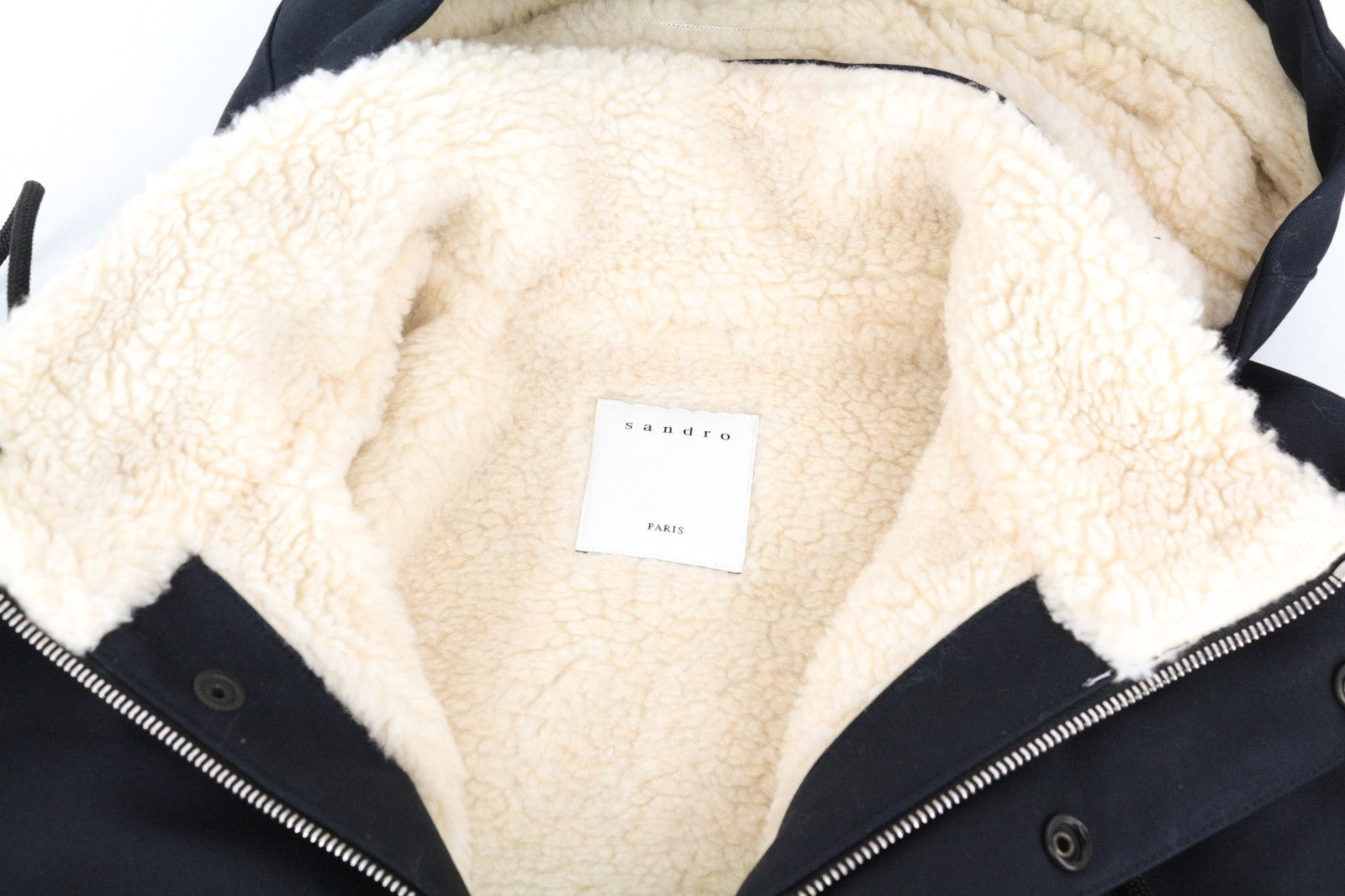 SANDRO S Men Jacket Marine Blue Classic Hooded Faux Fur Deck Parka Pure Cotton