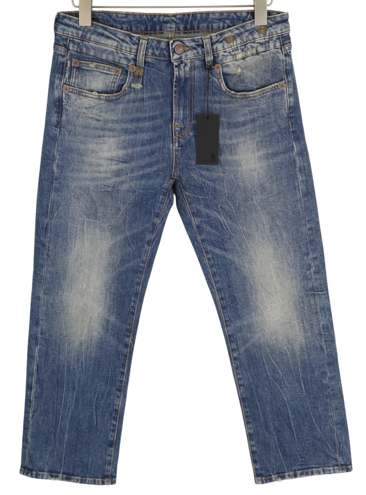 R13 Boy Straight Women Jeans 29 Cropped Ankle Washed Blue Kelly Stretch RRP€645