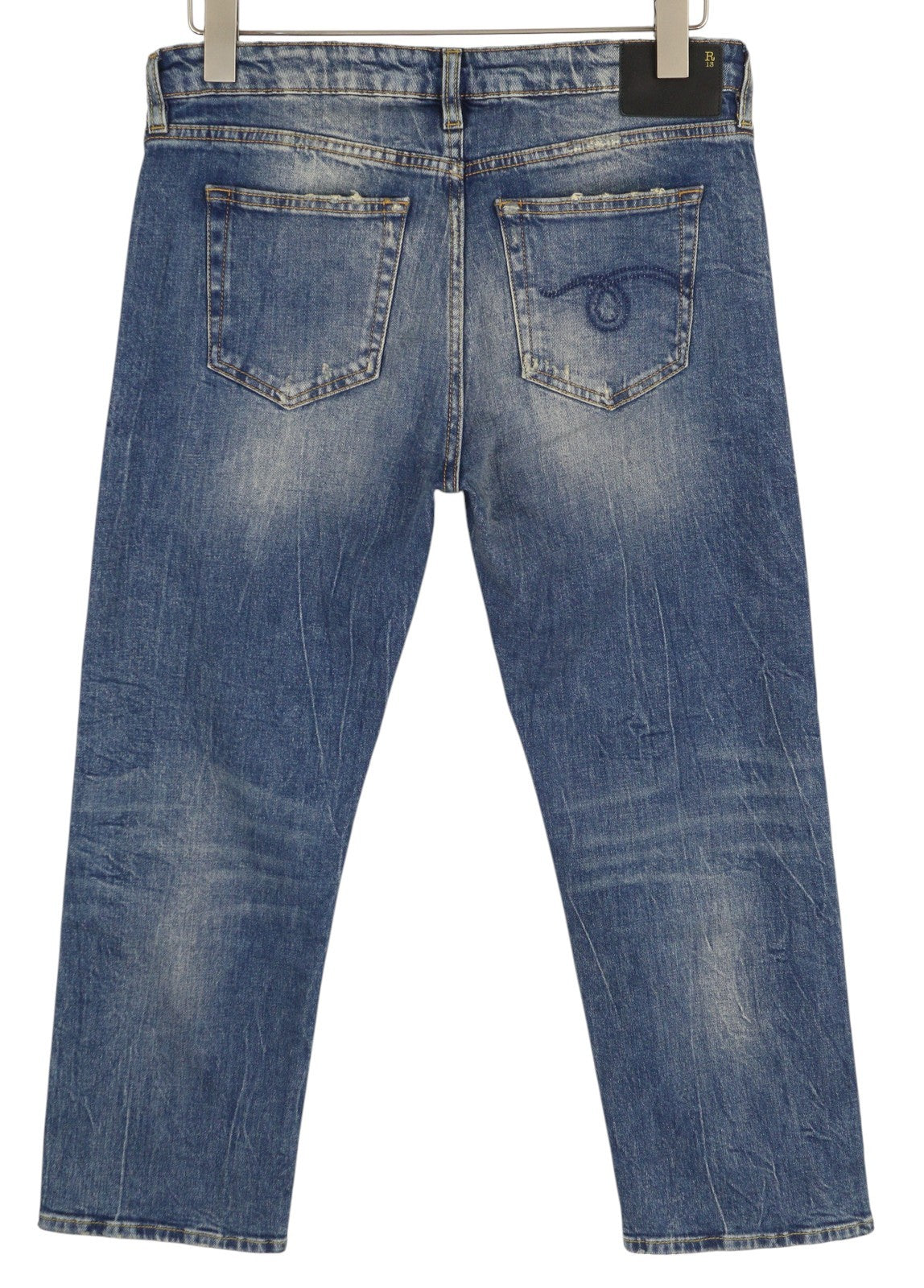 R13 Boy Straight Women Jeans 29 Cropped Ankle Washed Blue Kelly Stretch RRP€645