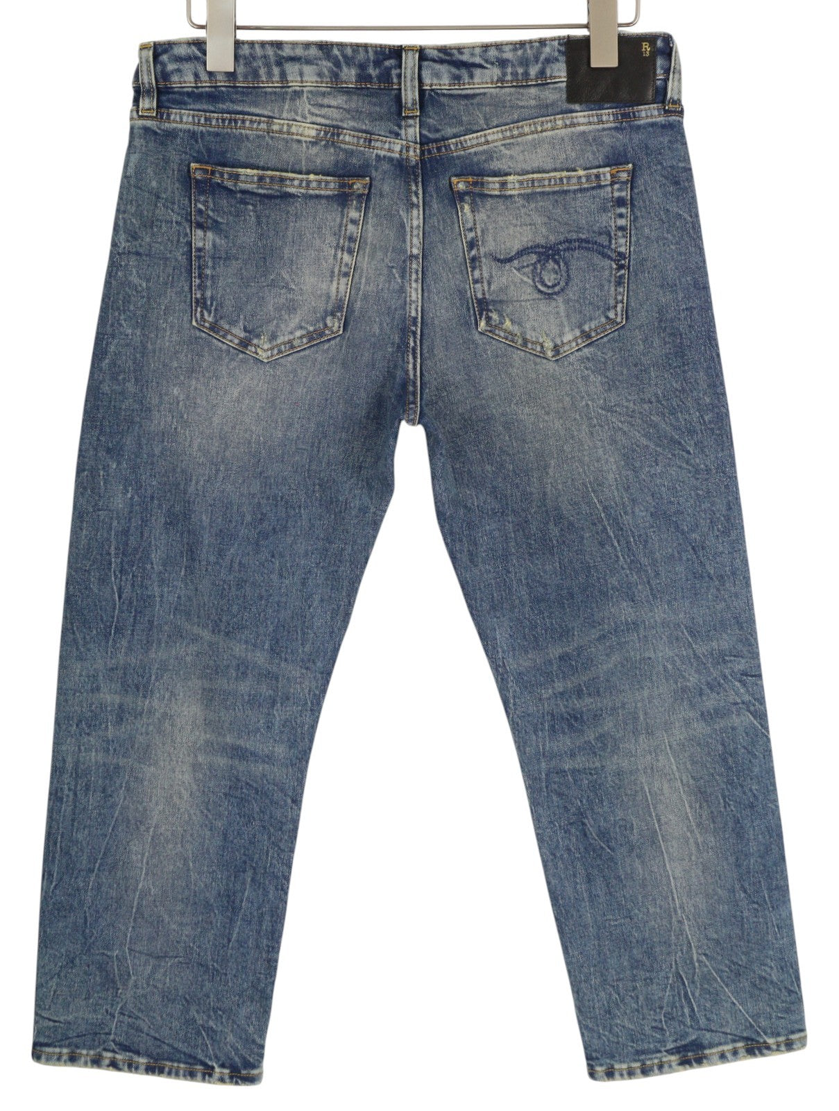 R13 Boy Straight Women Jeans 30 Cropped Ankle Washed Blue Kelly Stretch RRP€645