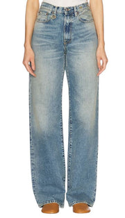 R13 D'Arcy Loose Women Jeans 29 Veiled Blue Washed Zip Denim Painted RRP€695