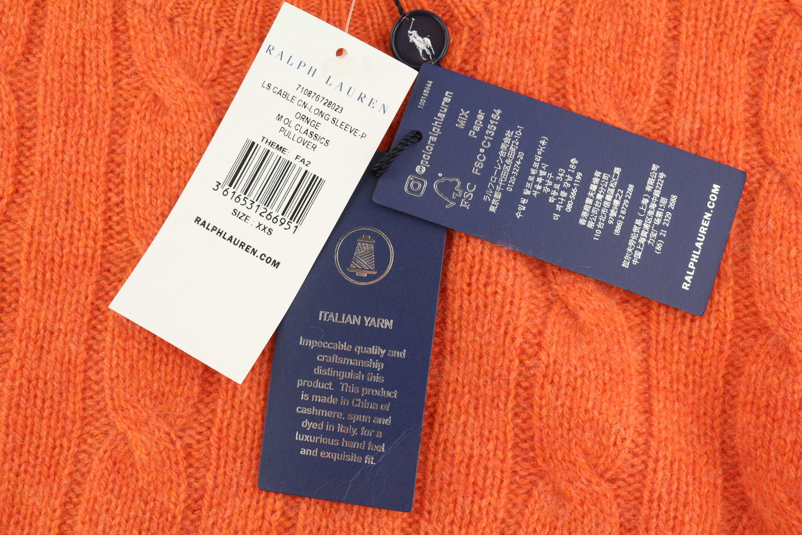 RALPH LAUREN Cashmere Men Jumper 2XS Orange Pullover Cable-Knit RRP€549
