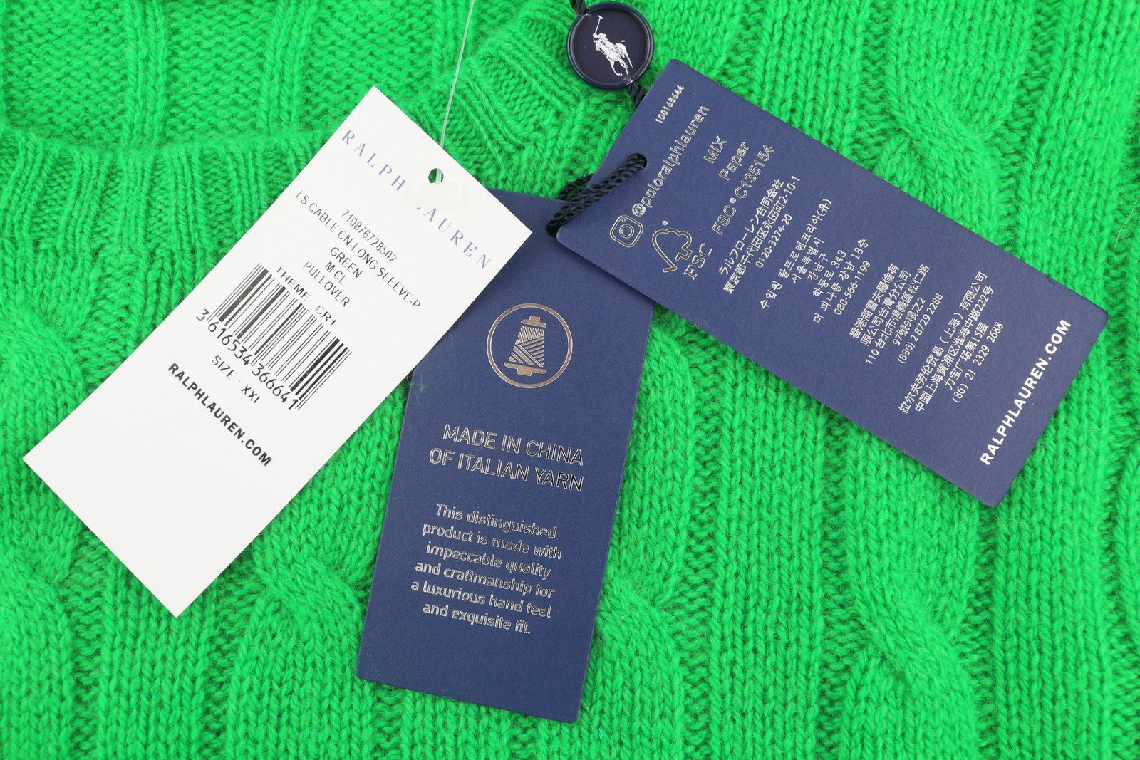 RALPH LAUREN Cashmere Men Jumper 2XL Green Pullover Cable Knit RRP€599