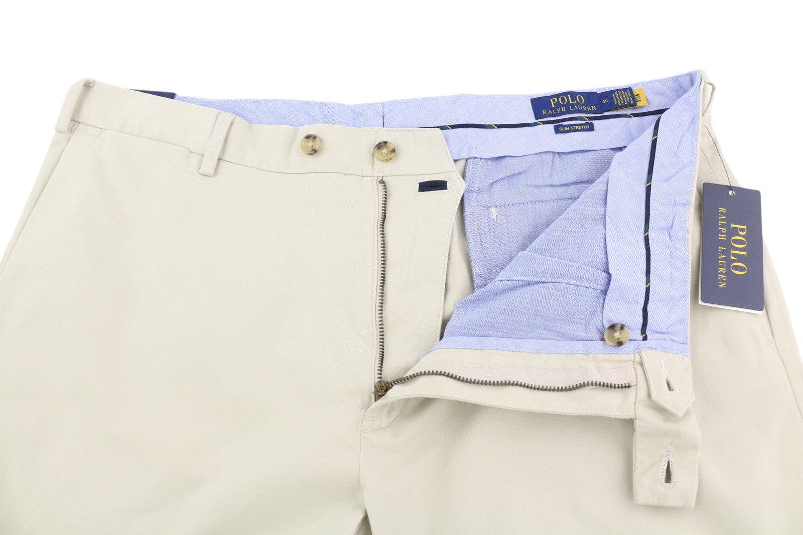 RALPH LAUREN Slim Stretch Men Shorts 38 Chino Beige Zip Fly Logo RRP€180