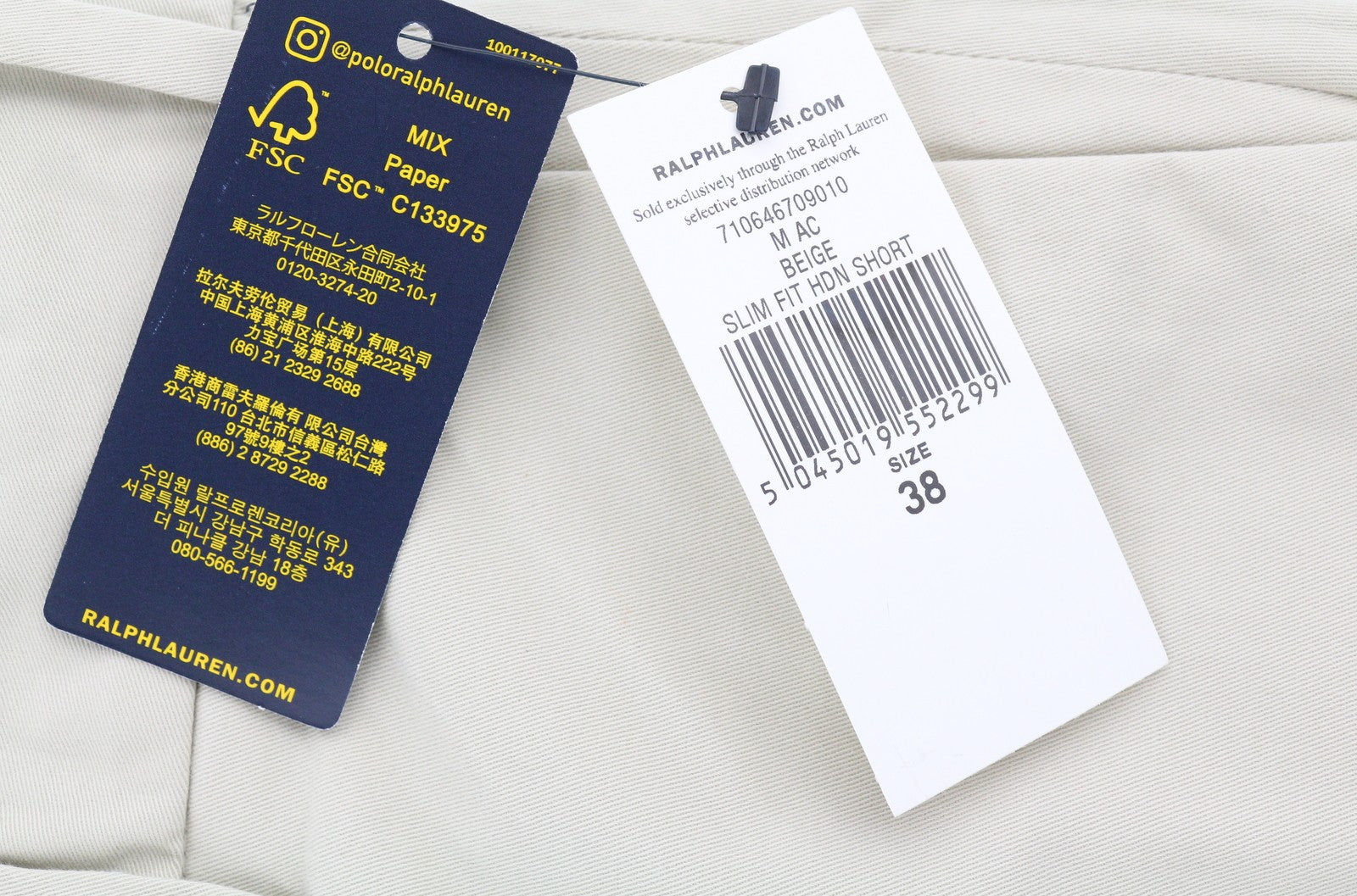 RALPH LAUREN Slim Stretch Men Shorts 38 Chino Beige Zip Fly Logo RRP€180