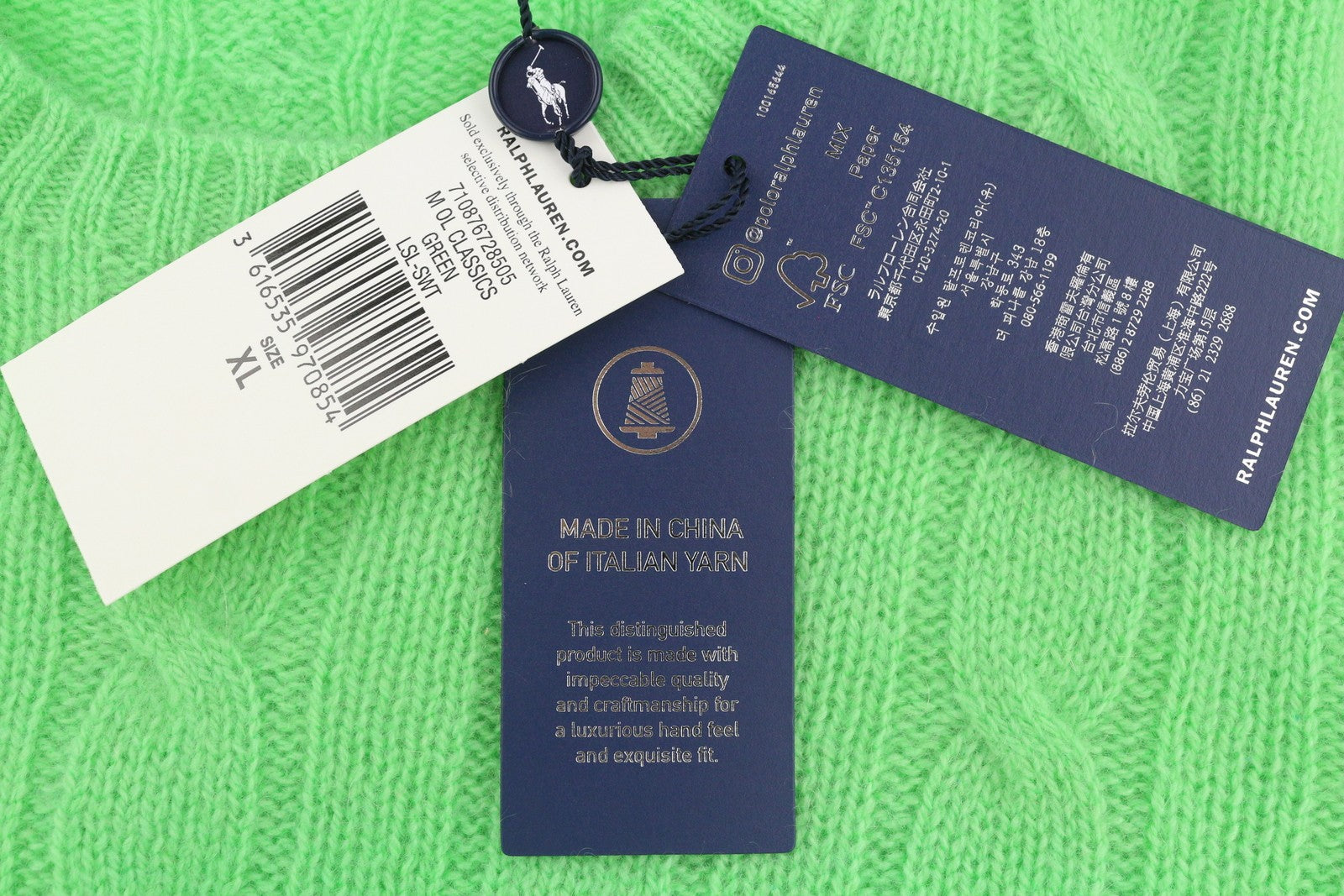 RALPH LAUREN Cashmere Men Jumper XL Green Pullover Cable-Knit Logo RRP€549