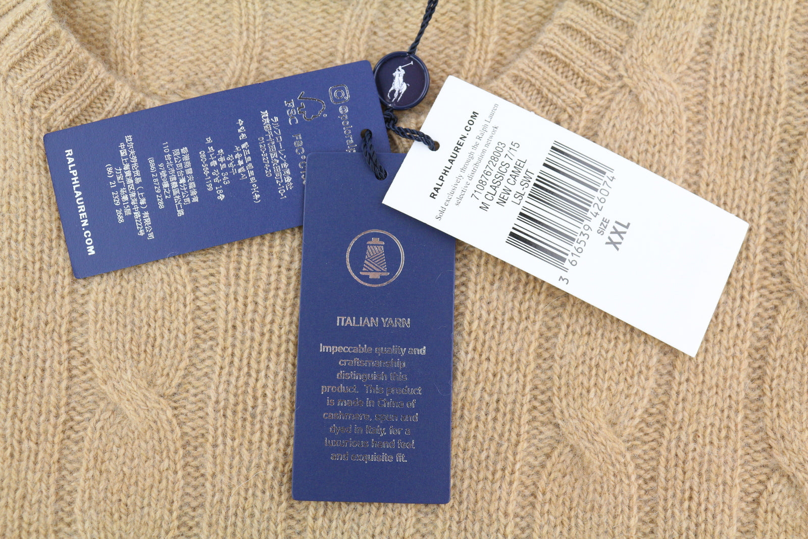 RALPH LAUREN Cashmere Men Jumper 2XL Camel Pullover Cable-Knit RRP€619