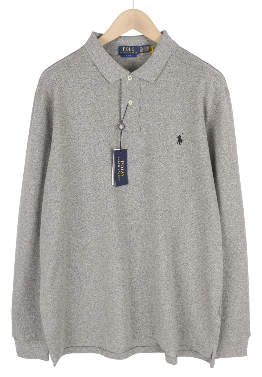 RALPH LAUREN Slim Fit Men T-Shirt 2XL Grey Melange Polo Long Sleeve RRP€135