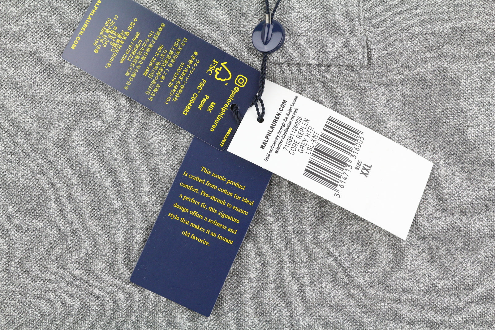 RALPH LAUREN Slim Fit Men T-Shirt 2XL Grey Melange Polo Long Sleeve RRP€135