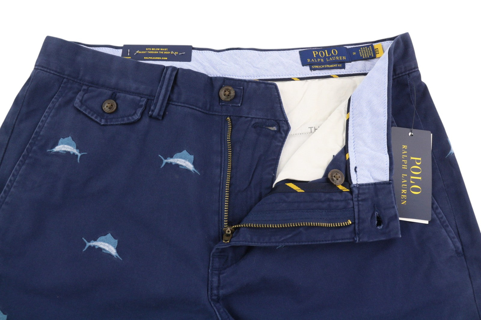 RALPH LAUREN Stretch Straight Fit Men Shorts 31 Dark Blue Chino Embroidered