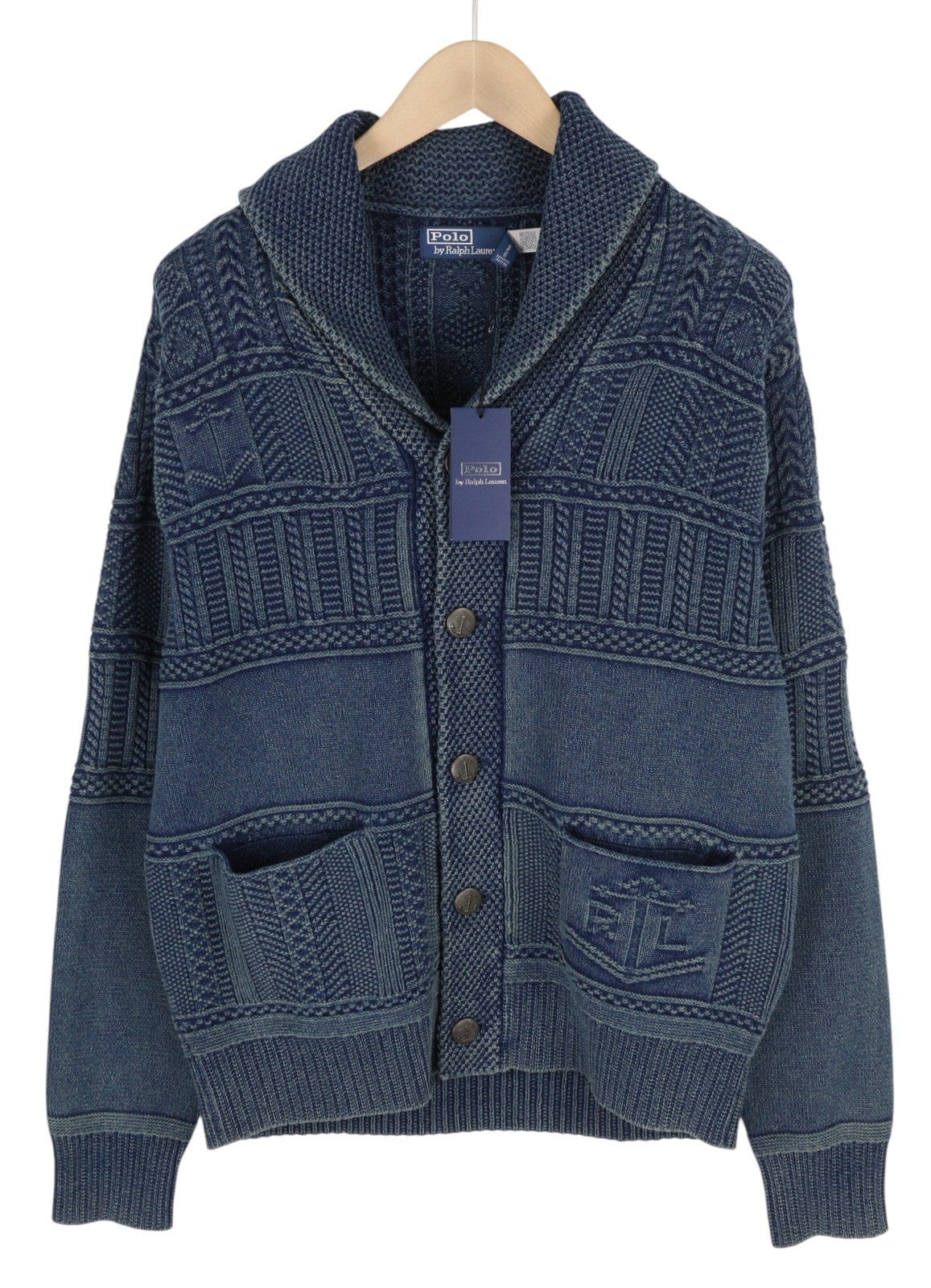 RALPH LAUREN Men Jumper M Cardigan Washed Blue Buttoned Pockets RRP€499